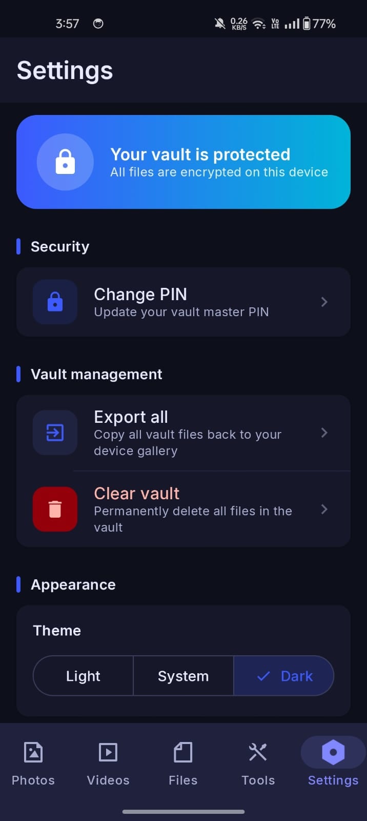 Calculator Vault settings screen with a banner reading "Your vault is protected — all files are encrypted on this device", above options to change the PIN, export all files and clear the vault